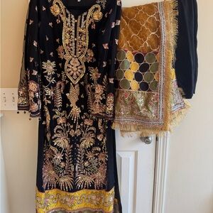 Embroidered Black and Gold Traditional Party Dress